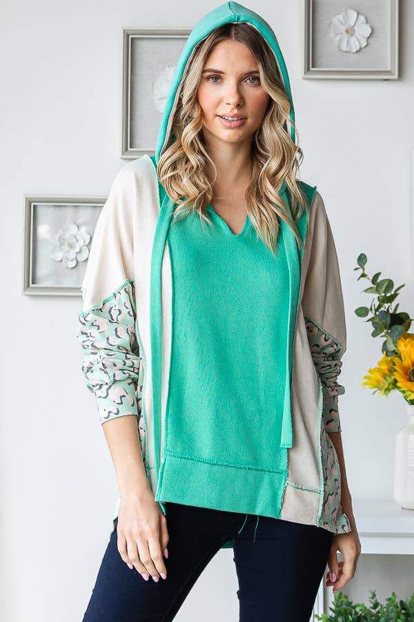 7th Ray – Hoodie – Mulher por atacado – Camisola com Capuz e Cordão, Decote em V, com Blocos de Cor e Patchwork T54257