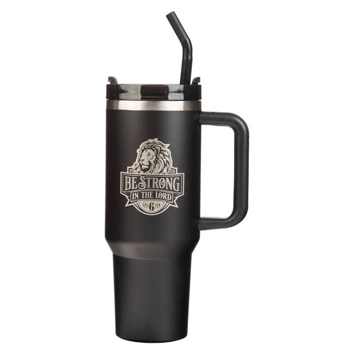 Tumbler w/straw SS Black Eph. 6:10 for wholesale by Christian Art Gifts