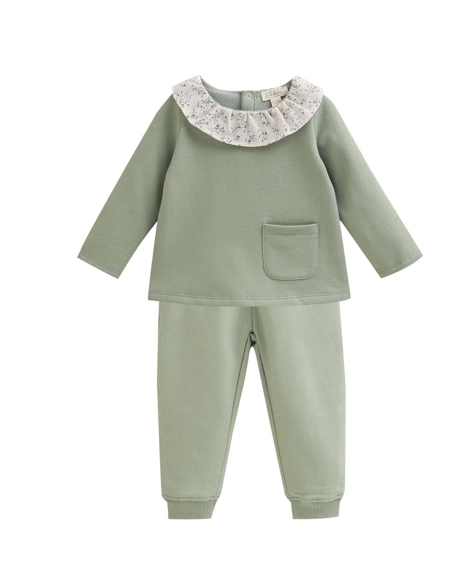 Baby girl tracksuit set with green sweatshirt and pants for wholesale on Faire