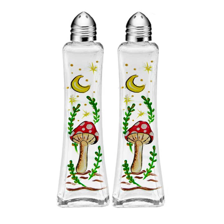 Magic Mushroom Moon Hand-painted Salt & Pepper Set for wholesale by Classy Art Designs, LLC