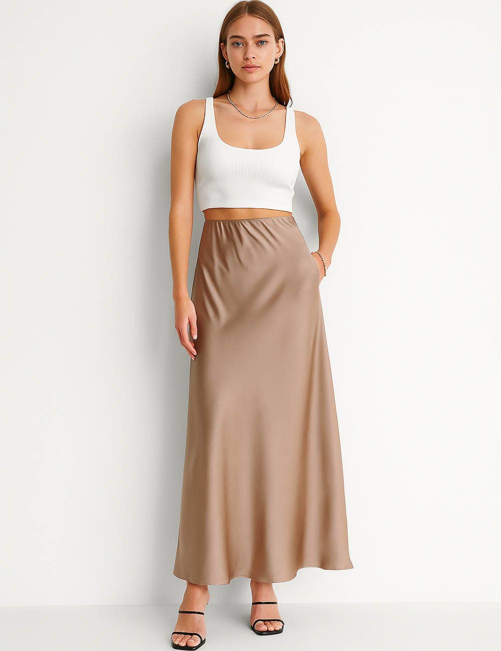 Sweetkama – wholesale Skirt – Women’s – Ladies Solid Color Satin Midi Skirt 551519