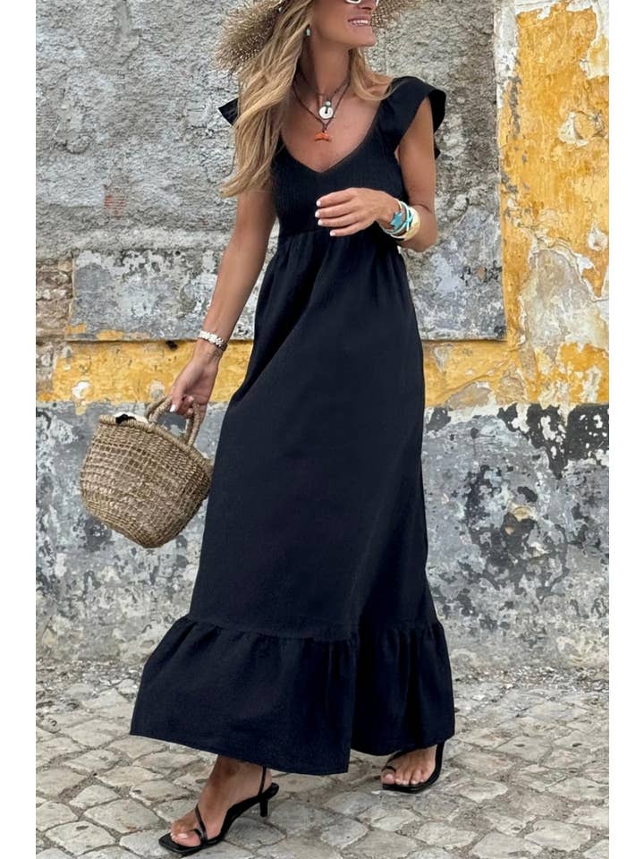1 the Woman - Wholesale Dress - Women's - V Neck Flutter Sleeve Smocked Bodice Ruffle Maxi Dress1