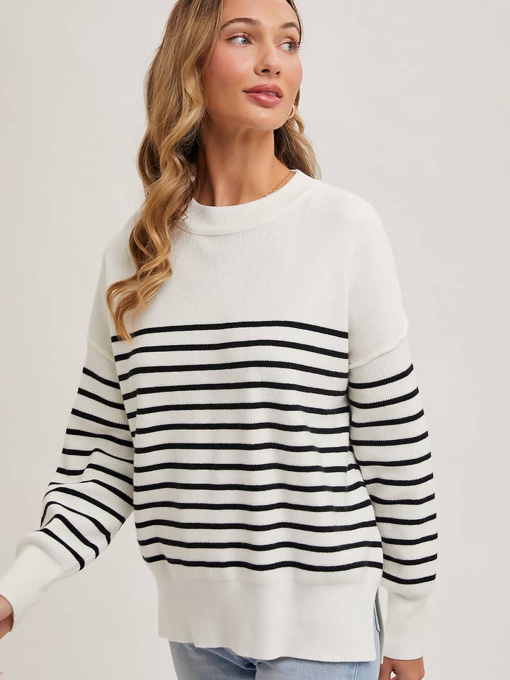 Bluivy - Wholesale Knit Sweater - Women's - STRIPED KNIT SIDE SLIT SWEATER TOP