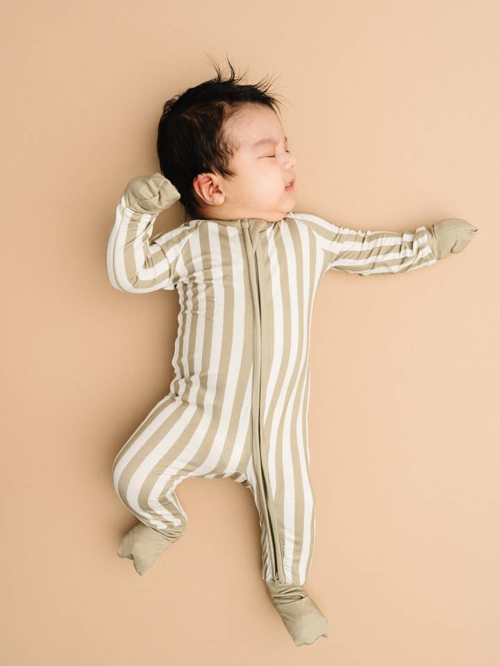 Little One Shop - Wholesale Sleepsuit - Baby - Olive Stripe Bamboo Sleeper6