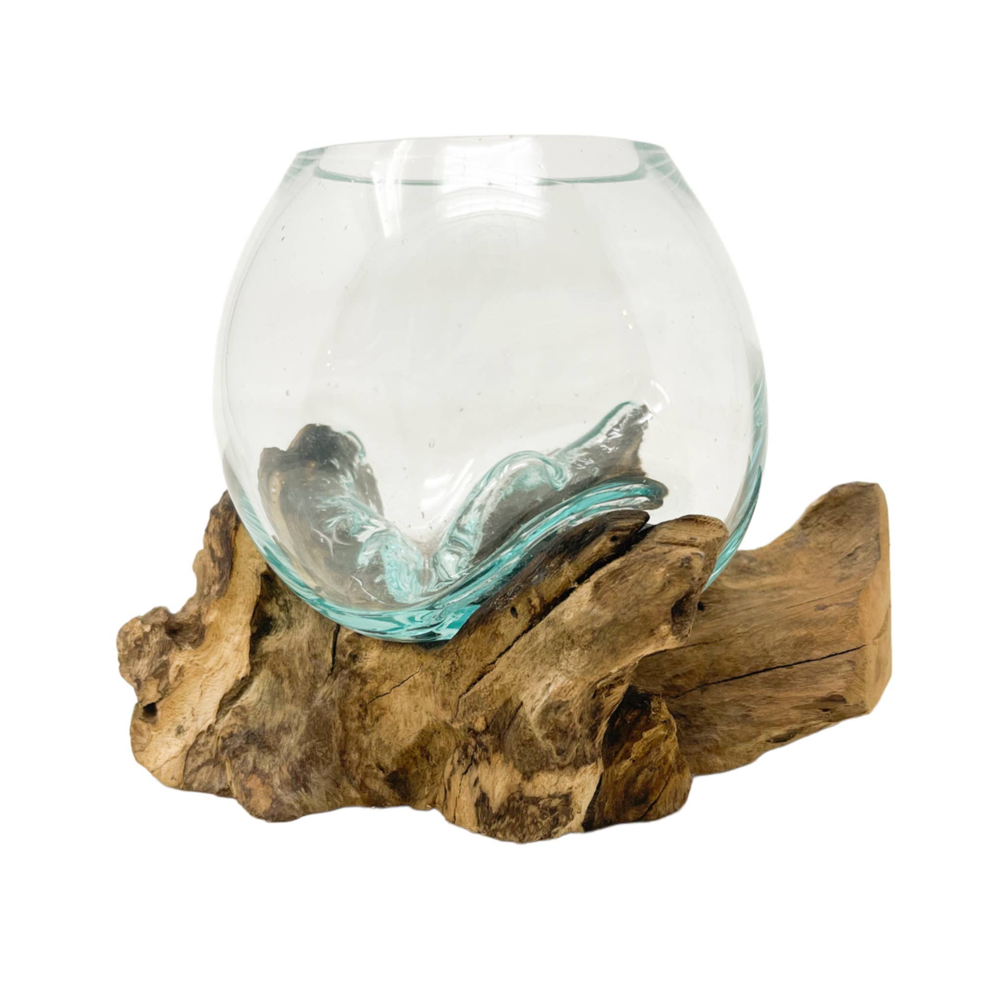 Asia West - Wholesale Terrarium - Hand-Blown Mini Terrarium on Wood  (approx. 6" x 5" x 5")6