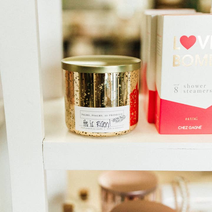 He Is Risen! Gold Soy Candle for wholesale by Palms, Psalms, & Prosecco