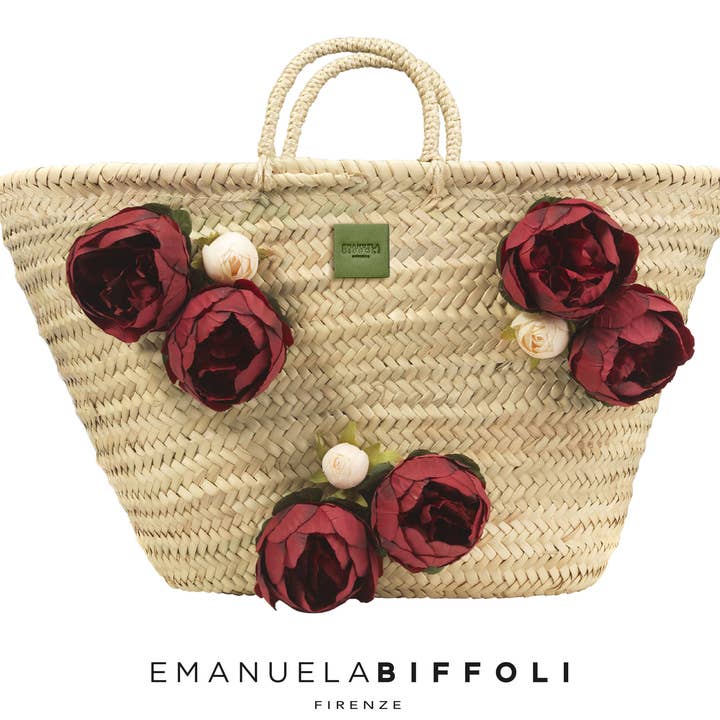 SAC EN PAILLE « AMALFI » À FLEURS BORDEAUX pour la vente par EMANUELA BIFFOLI FIRENZE