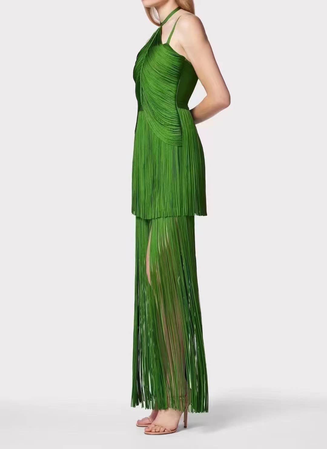 DR0249Y Sultry Green Fringe Halter Maxi Dress for wholesale on Faire1