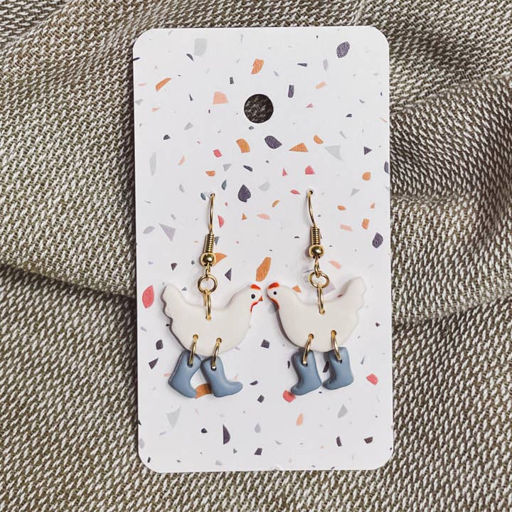 Sydni Carlson Art - Wholesale Dangle Earrings - White Chickens with Boots Earrings
