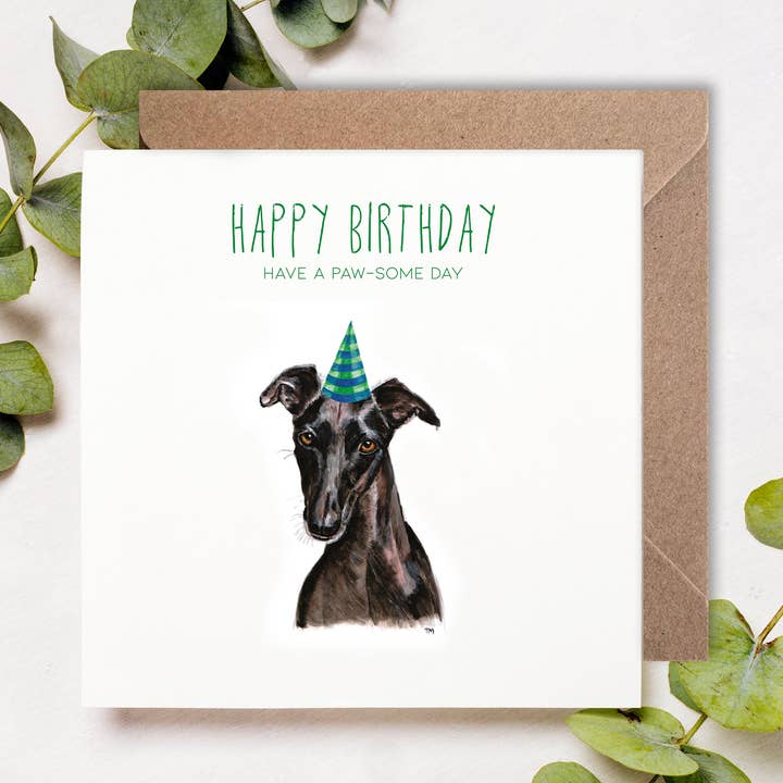 Carte de joyeux anniversaire Black Greyhound pour la vente par Patricia Grace Art