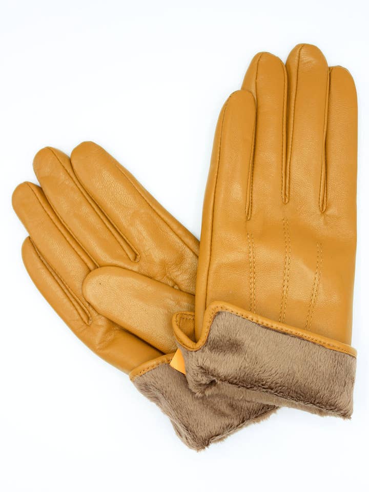 Women's Fleece Lined Leather Gloves - Mustard for wholesale by Hologramme Paris