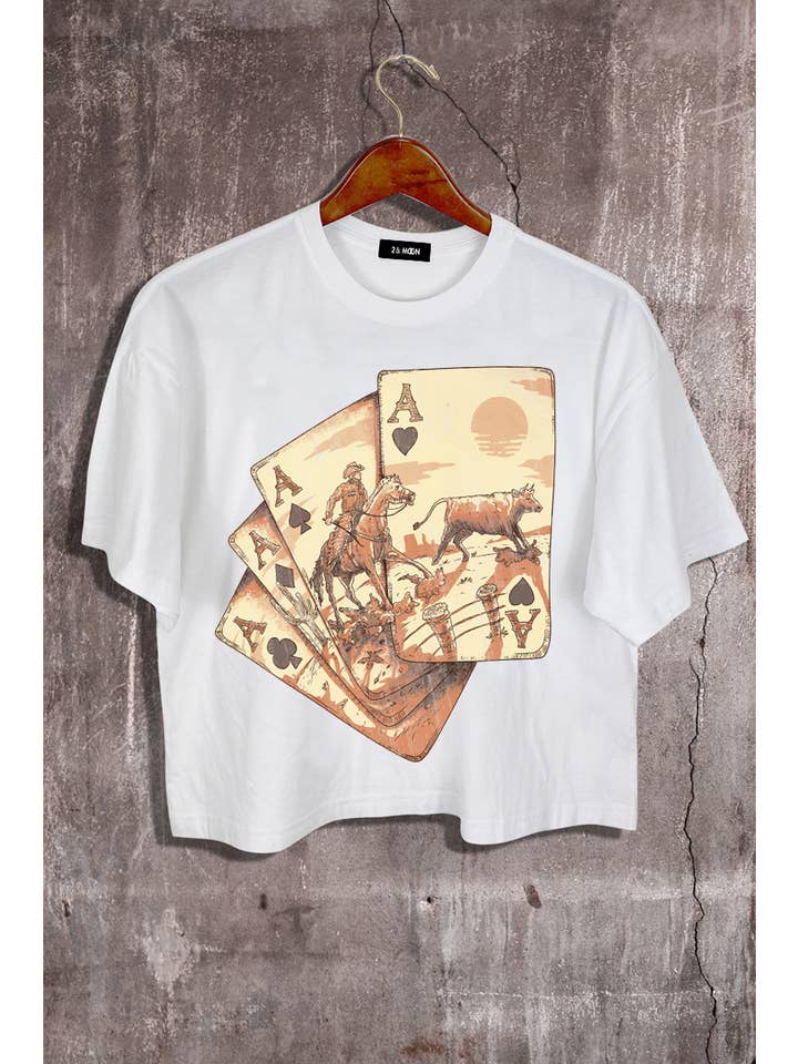 2&moon - Wholesale Screen Printed T-Shirt - Women's - Cowboy Ace playing cards Graphic Crop Tee.