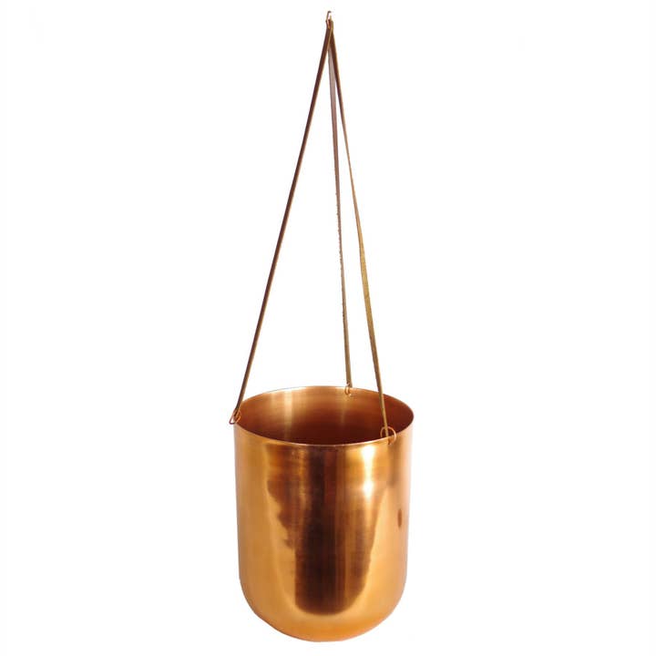 Leaf Copper Hanging Planter Leather Straps Modern 18 x 22cm for wholesale by Leaf Design UK LTD