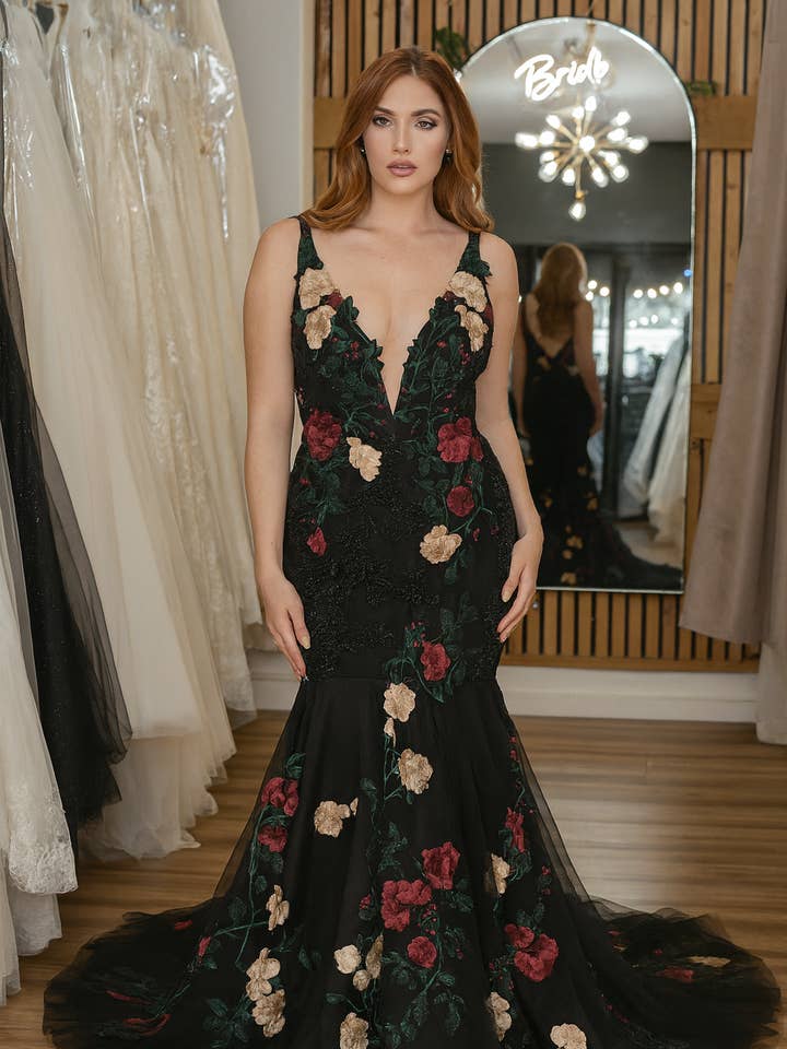 Empress of the Eclipse Fitted Black Mermaid Wedding Dress for wholesale by A&M Bridal