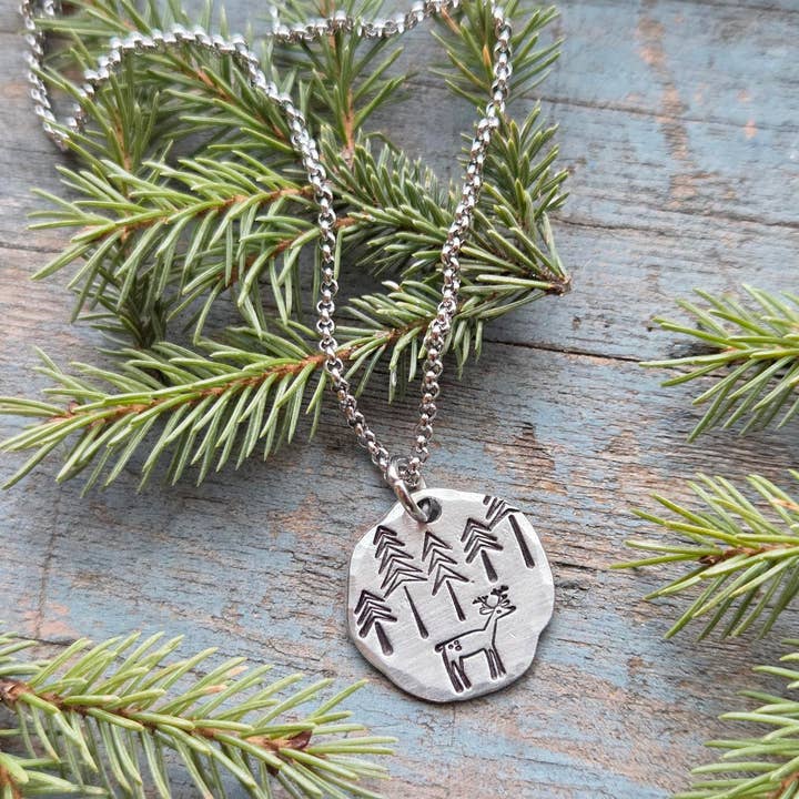 Deer and Pine Tree Necklace, Hand-Stamped for wholesale by Kathryn's Collection