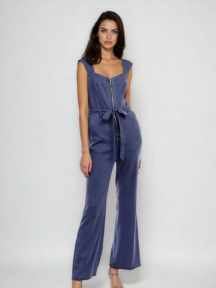 Sleevless Wide Leg Denim Jumpsuit for wholesale by Naked Zebra