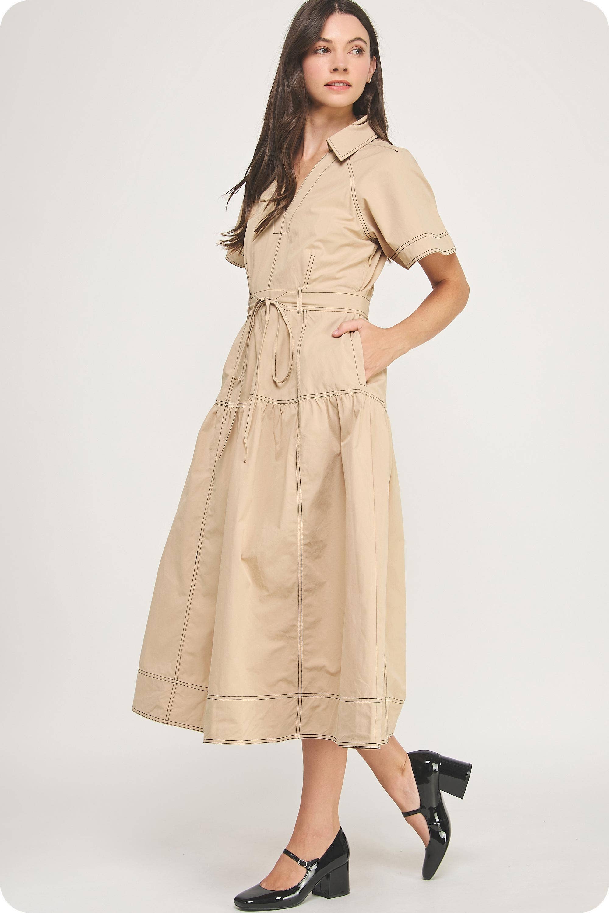 Strut & Bolt - Vente Robe – femme - Robe midi en popeline à col surpiqué17