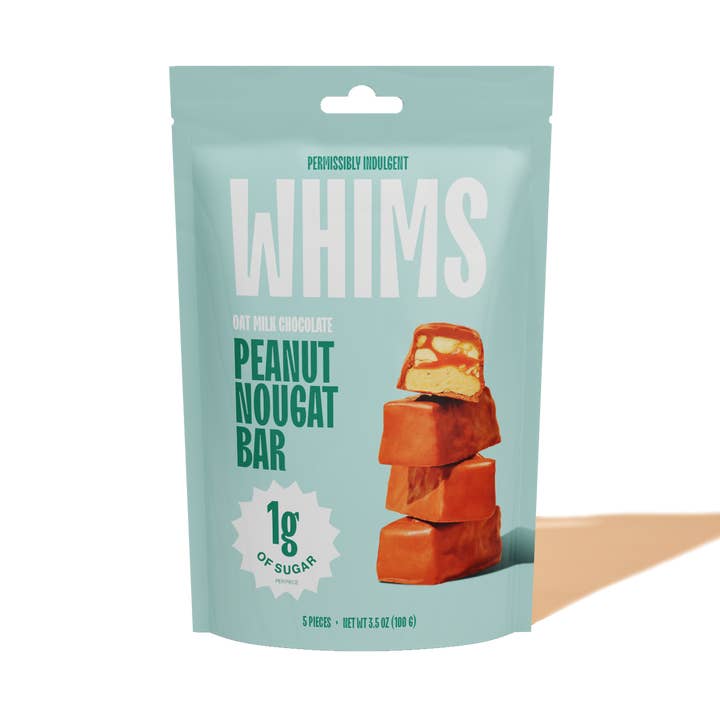 Whims Delights Inc. - Wholesale Chocolate Covered Sweets - Oat Milk Chocolate Peanut Nougat Bar - Pouch0