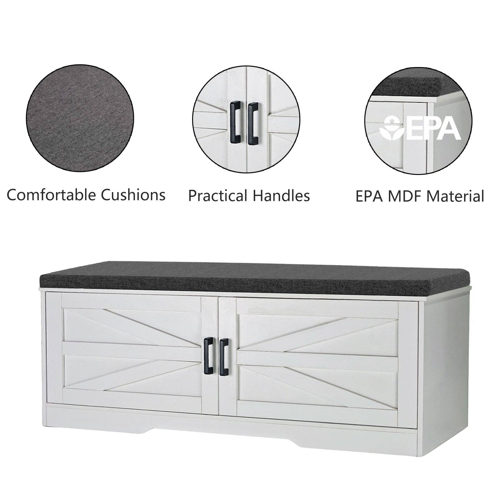 39F Inc. - Wholesale Shoe Rack - White 2-Tier Shoe Bench with Cushion Seat and Barn Doors4