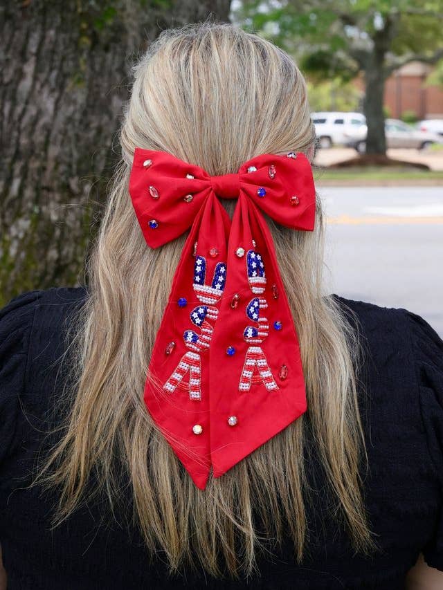 USA Beaded Hair Bow RED for wholesale by Caroline Hill