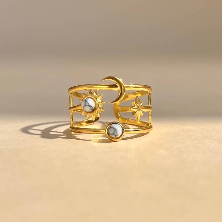 COSMOS - Wholesale Multi-Stone Ring - Adjustable Moon, Star & Sun Ring with Stone