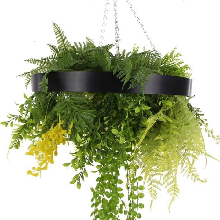 Designer Plants - Wholesale Artificial Plant - Black Framed Roof Hanging Disc With Draping Faux Plants 15.5"