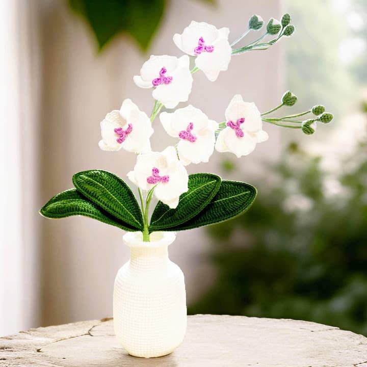 Handmade Crochet Moth Orchid + Vase | Flower Bonsai | Home Living Room Lobby Decor | White Pink Green | Dried Fake Flower for wholesale by PinkLadyWorkshop