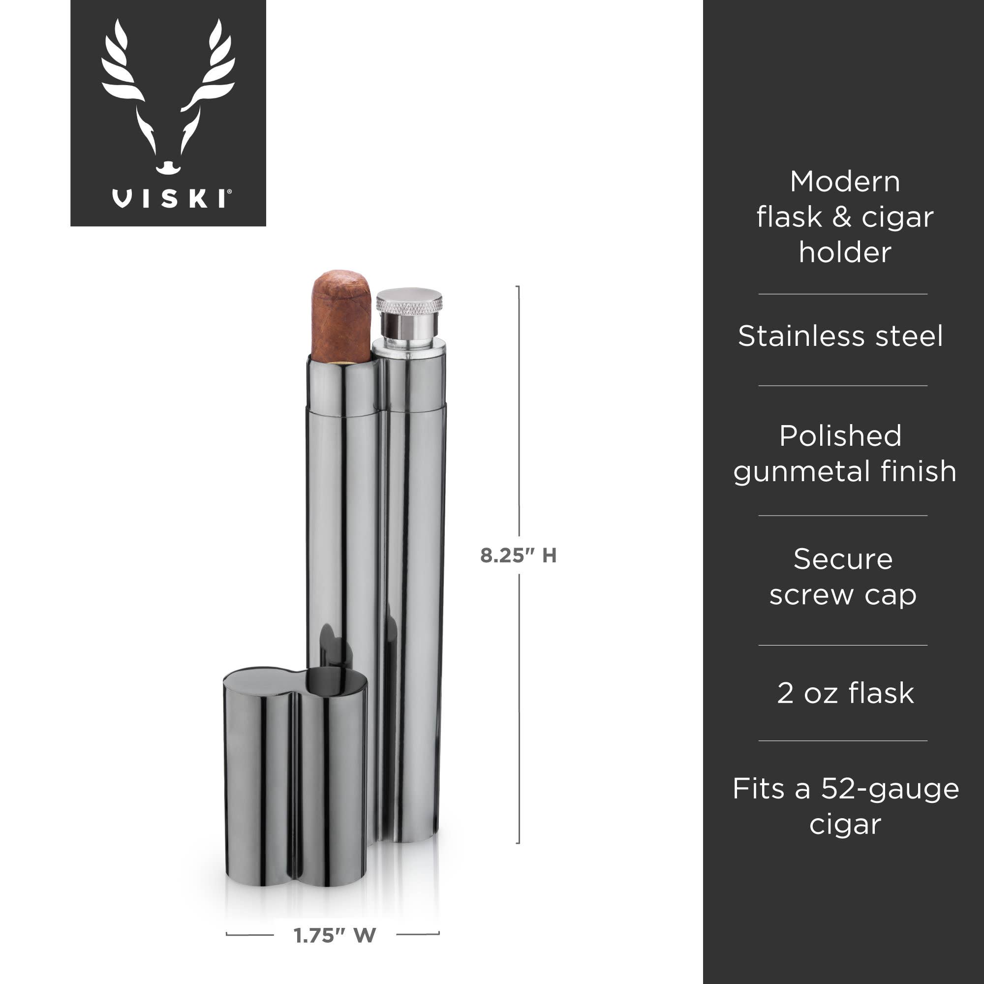 Viski - Wholesale Humidor/Cigar Accessory - Warren™ Black Gunmetal Plated Cigar Holder and Flask Combo6