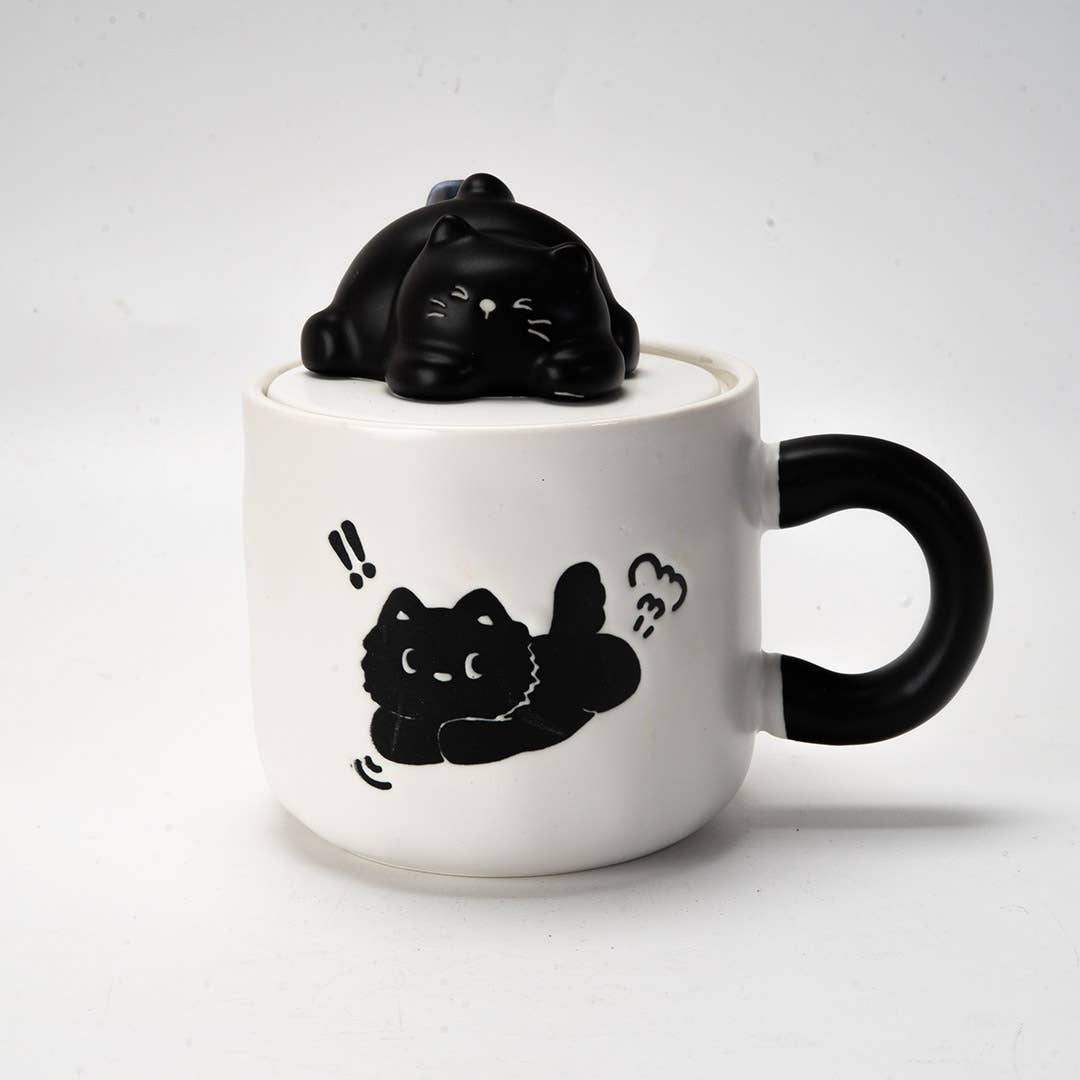 Urban Tokyo - Wholesale Coffee Mug - Black Cat 13oz Mug With Lid and Spoon (10/30)