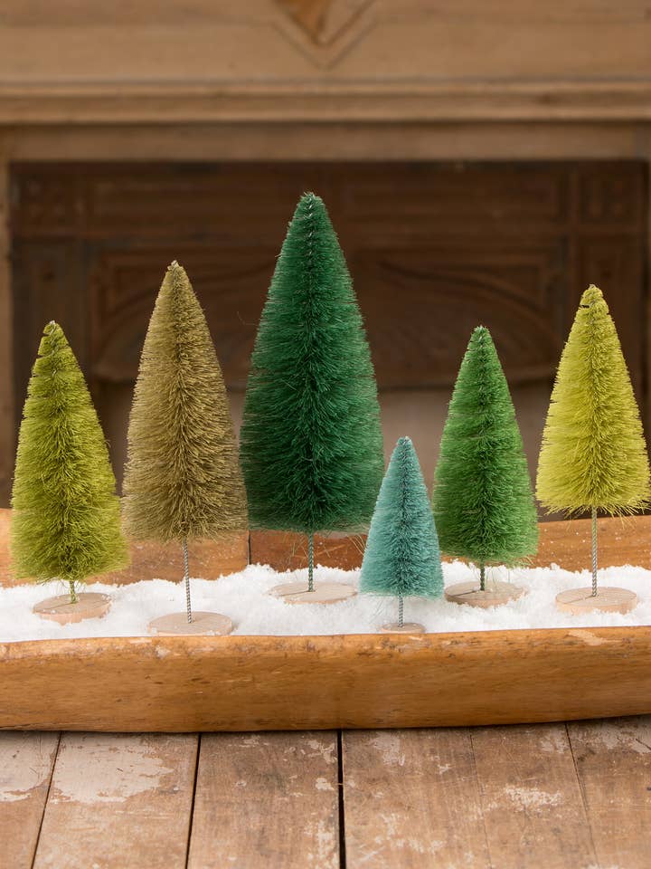 Hues of Green Bottle Brush Trees S6 for wholesale by Bethany Lowe Designs