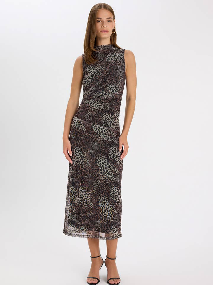 Bodycon Leopard Print Tyll Ærmeløs Maxikjole for engroshandel hos Virtue Trade