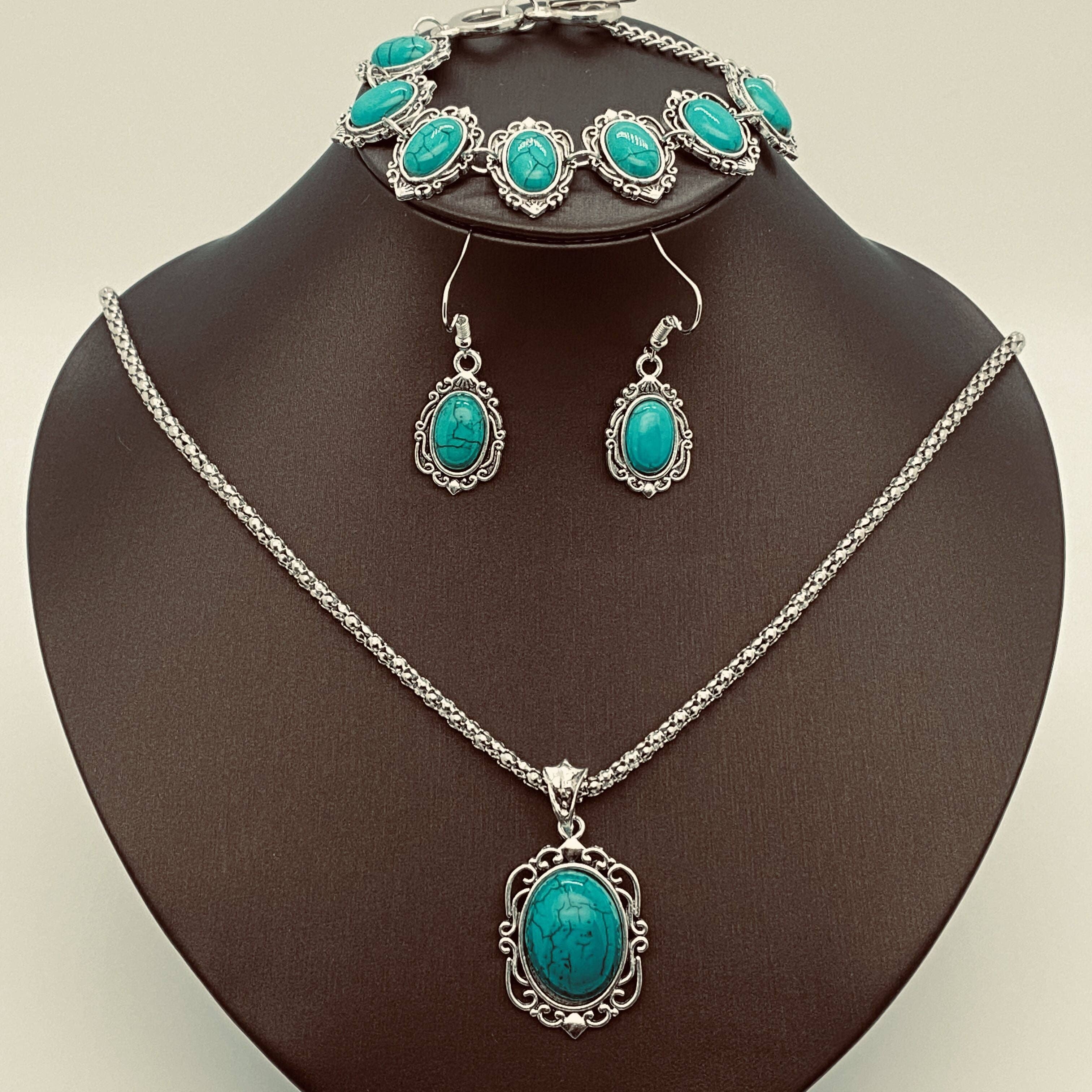 Green Artificial Turquoise Bracelet Necklace Earring Set for wholesale on Faire1