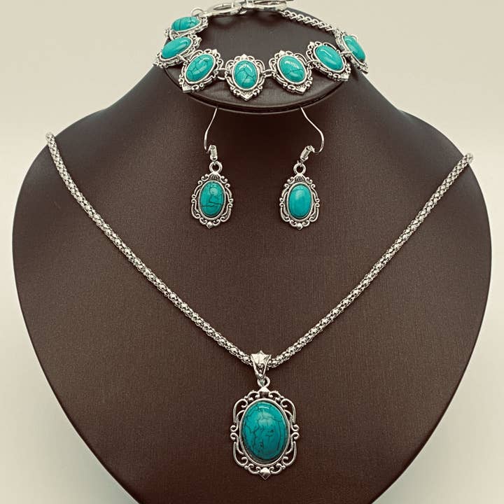 Green Artificial Turquoise Bracelet Necklace Earring Set for wholesale on Faire1