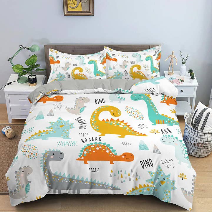Parure de lit dinosaures colorés, housse de couette et taie d'oreiller, literie à fermeture éclair, literie de dortoir, couette adulte pour adolescents, king size, lits jumeaux, lits simples pour la vente par daintyduvet