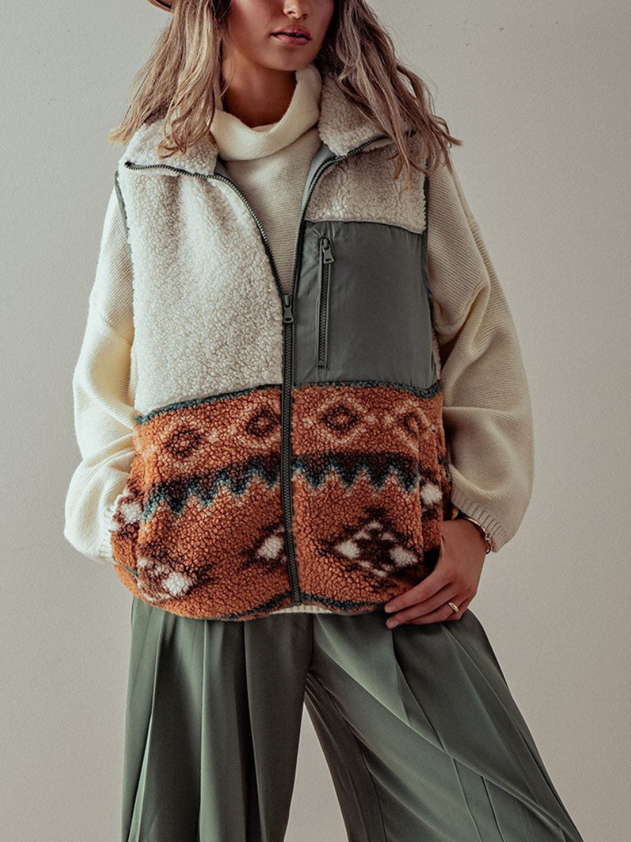 olive Aztec pattern Western Sherpa Fleece Zip up Vest for wholesale on Faire3