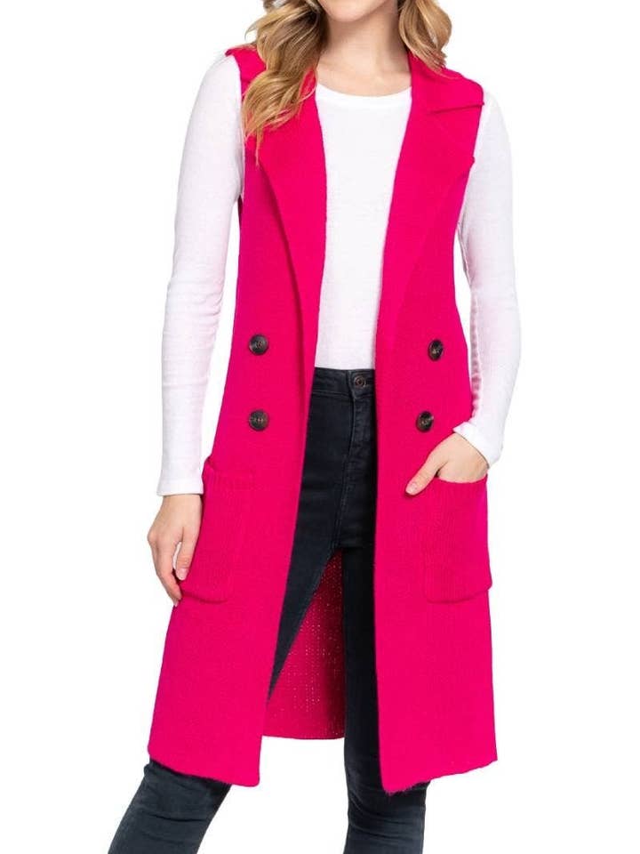 Sleeveless Notched Collar With Side Pocket Long Sweater Vest for wholesale by Vanilla Monkey