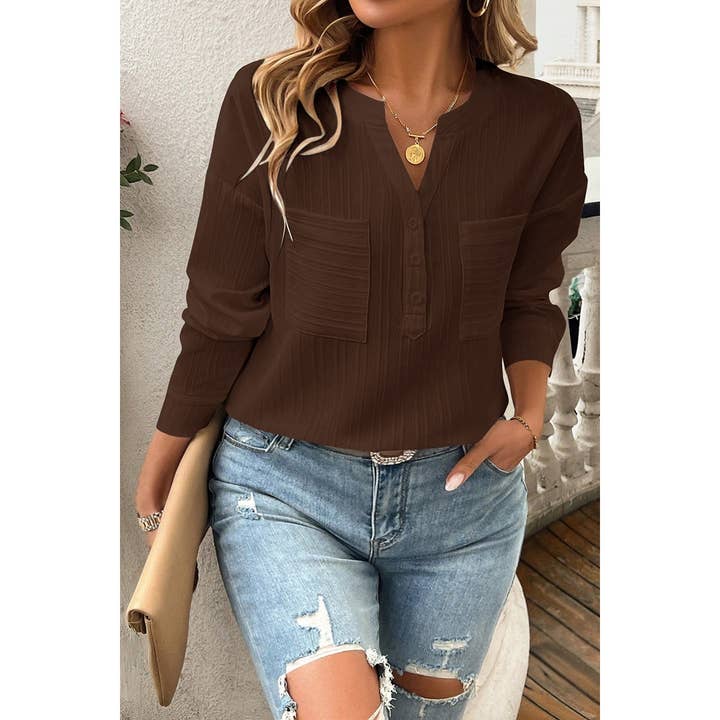 Supreme Fashion - Wholesale Blouse - Women's - Solid Buttons V Neck Elegant Front Pockets Blouse11