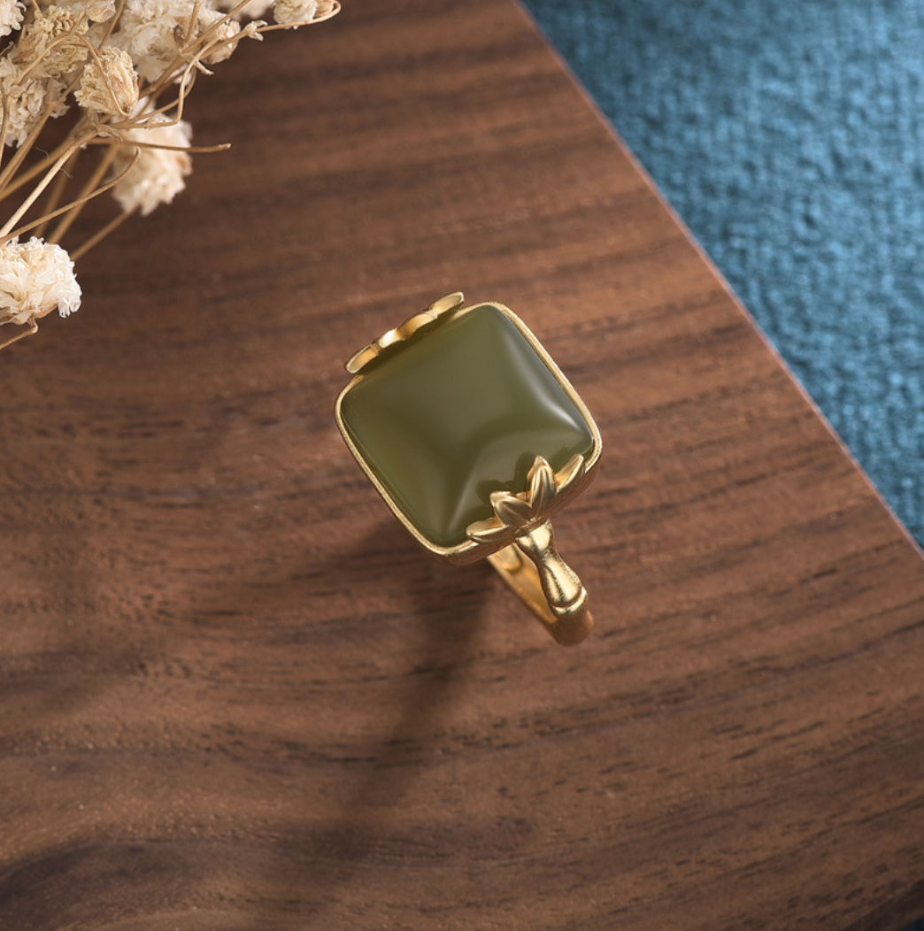 Bright MacMing - Wholesale Single Stone/Solitaire Ring - Golden Bambbo Over Jade Open Ring2