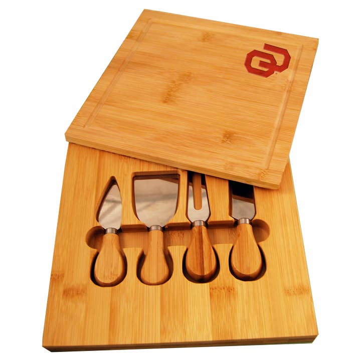 Bamboo Cheese Board with Utensils, Oklahoma Sooners for wholesale by The Memory Company