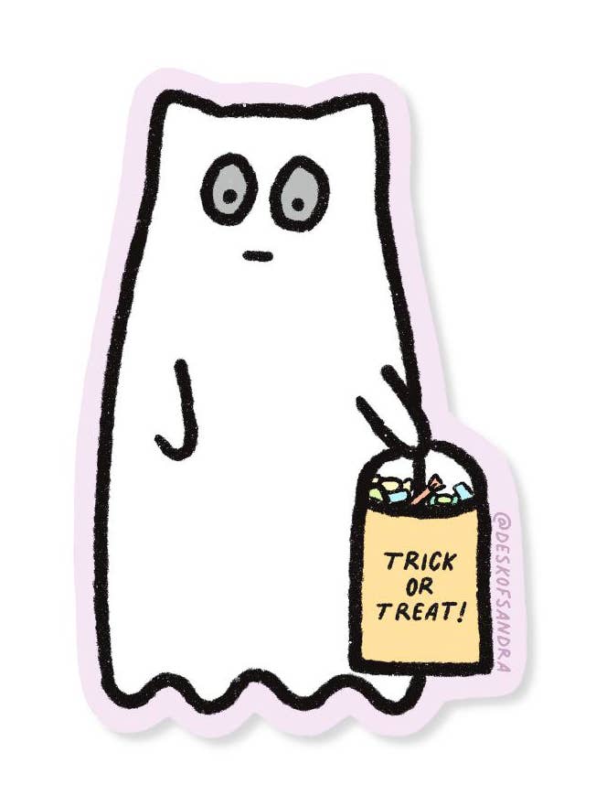 Trick or Treat Cat Ghost Vinyl Sticker for wholesale by Desk of Sandra