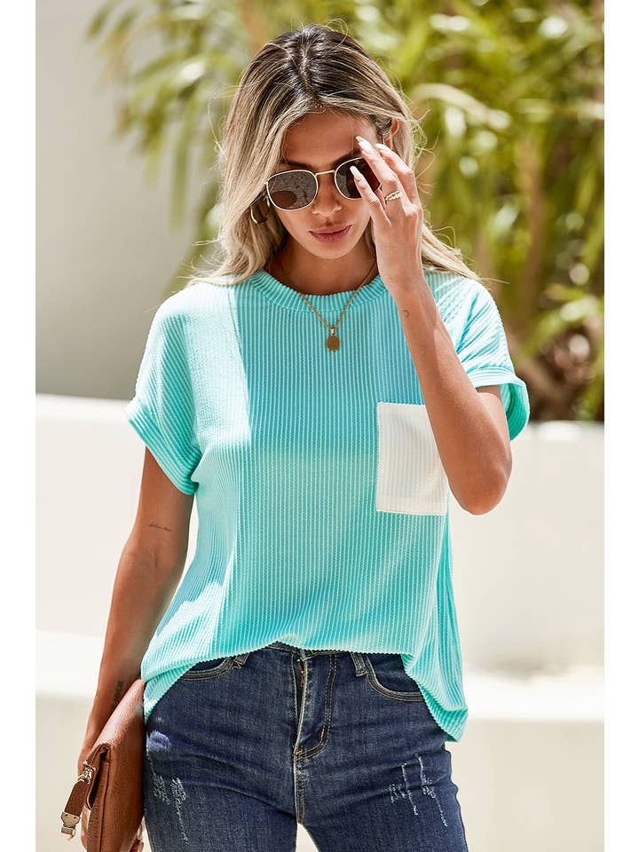 Little Daisy Closet - Wholesale Knit Top - Women's - LDC Corded Knit Color Block Pocketed Crew Neck T Shirt