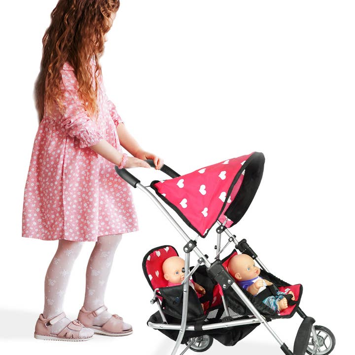 The New York Doll Collection - Wholesale Doll Stroller - Kids - First Doll twin Stroller Heart design with basket and hood