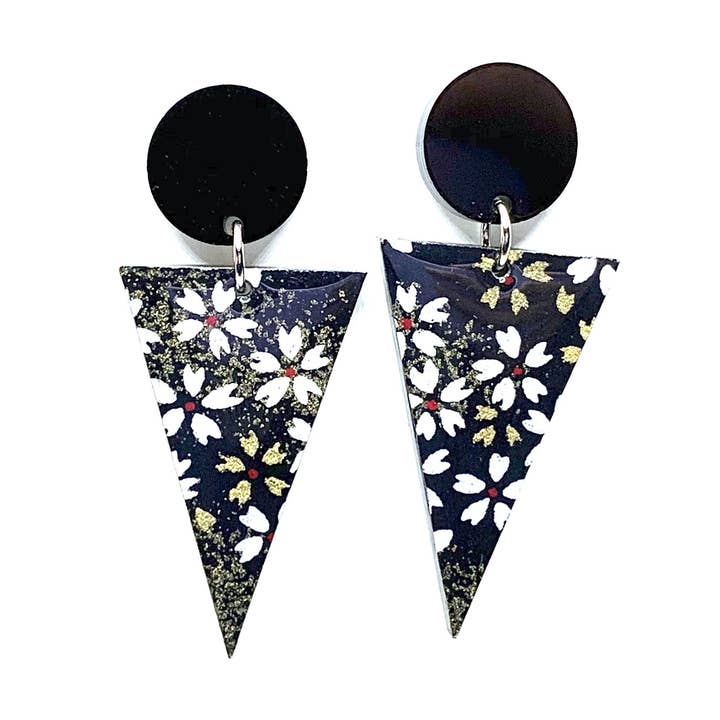 Black Acrylic and Japanese Paper Stud Dangle Earrings for wholesale by Prettykiku