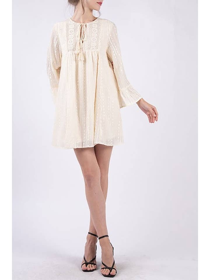IVORY DOBBY DOTS STRIPES MESH TULLE CHIFFON MINI DRESS for wholesale on Faire