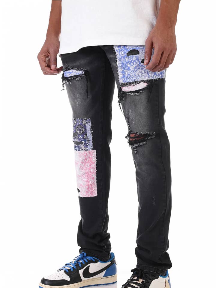 KDNK - Wholesale Jeans - Men's - MULTI PAISLEY PATCH JEANS1