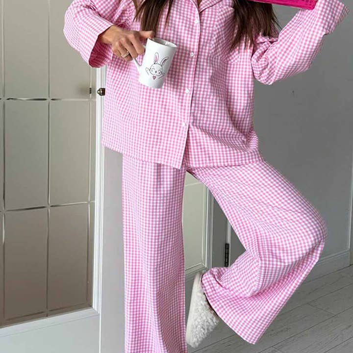 Dipped Shop - Vendita all'ingrosso Completo pigiama - Donna - Set Pigiama a Maniche Lunghe con Contrasto di Colore a Quadri DP25F881