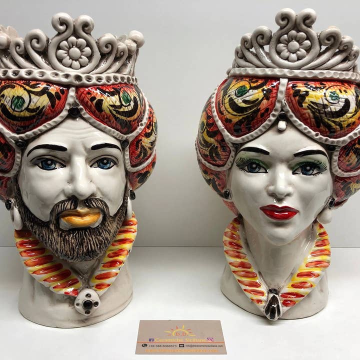 DD Ceramiche Siciliane - Wholesale Decorative Figurine - Norman Moor's Heads Caltagirone Ceramic Line cm H.30 L.19 Handcrafted Yellow Orange