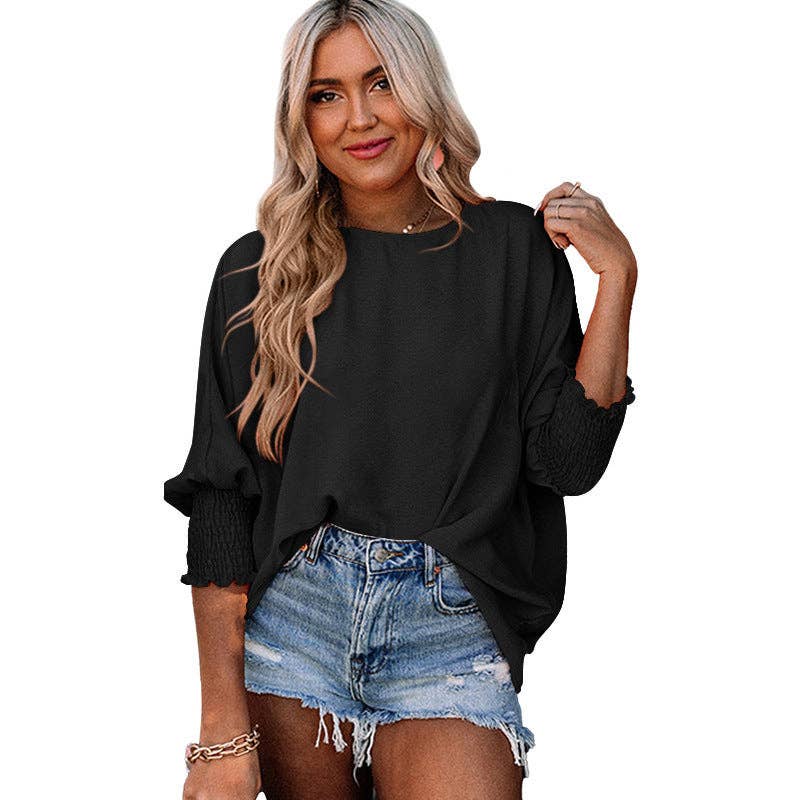 Suhkasana - Wholesale Knit Top - Women's - Loose Crew Neck Solid Color Wrap Top10