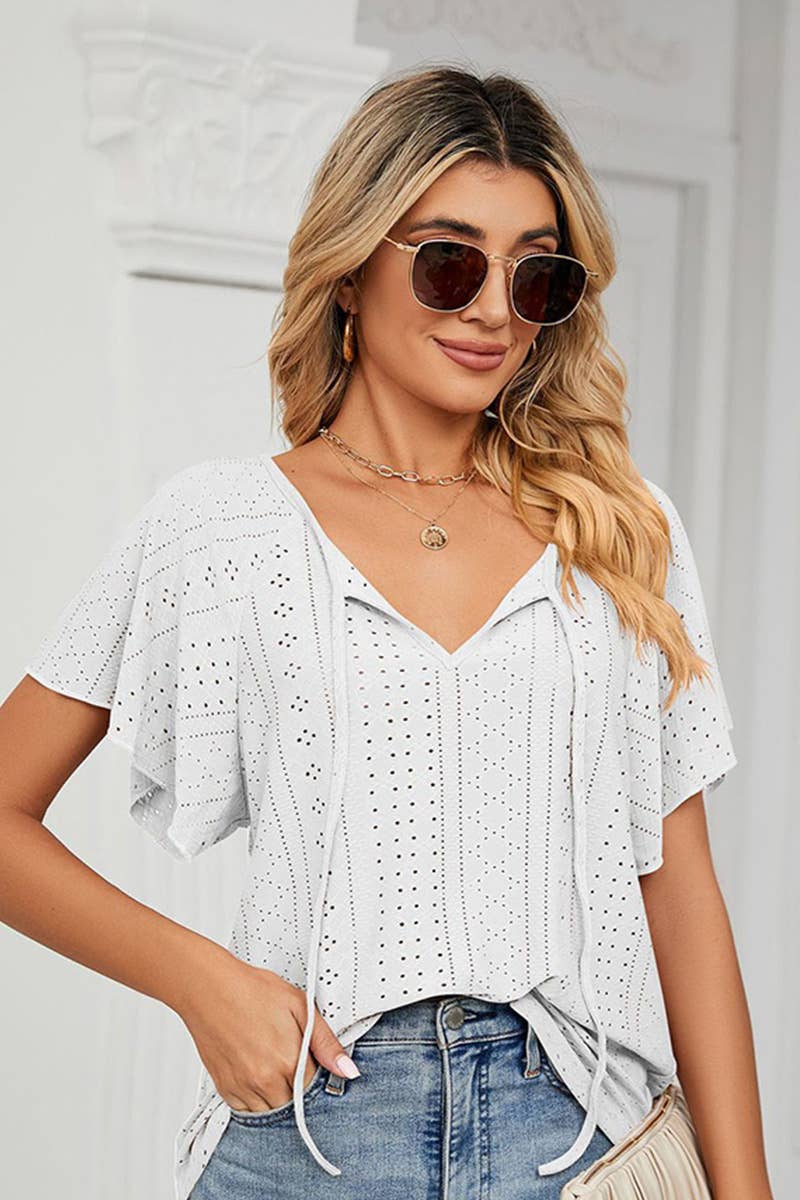 Lily Clothing - Wholesale Blouse - Women's - CWTTS0472_V NECK PUNCHING LACE UP RUFFLE LOOSE TOP1