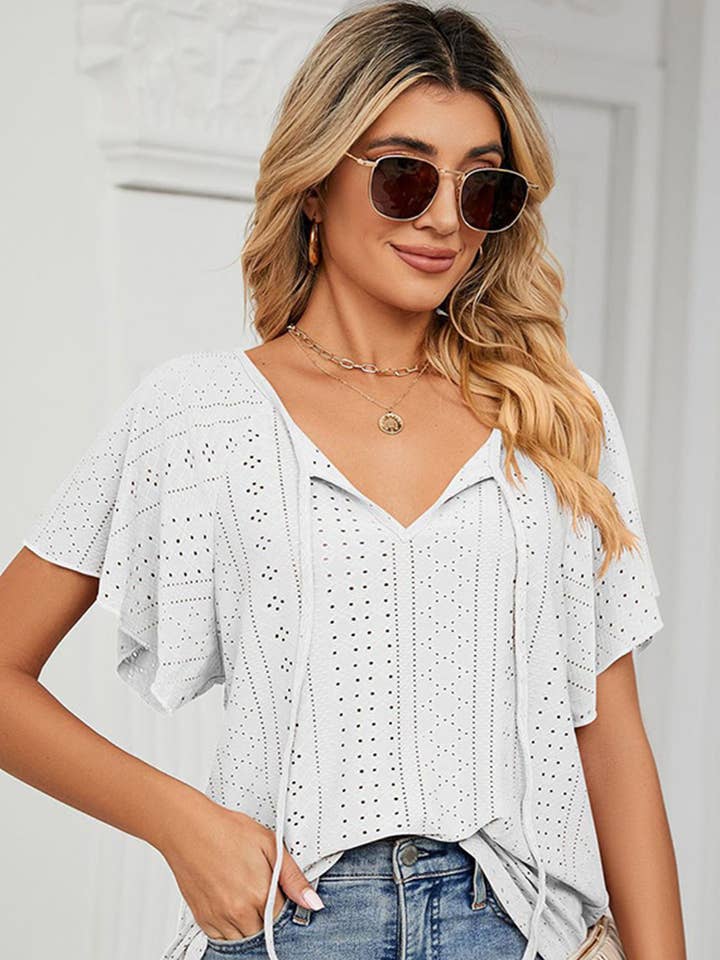 Lily Clothing - Wholesale Blouse - Women's - CWTTS0472_V NECK PUNCHING LACE UP RUFFLE LOOSE TOP1